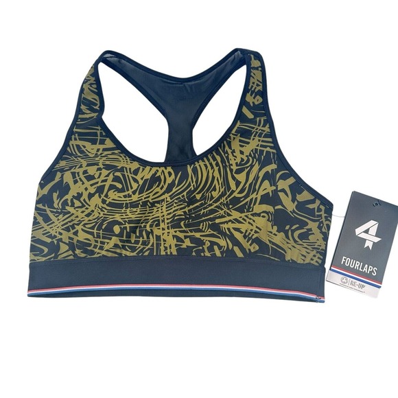Four Laps FourLaps Circuit Sports Bra sz M Avocado Tuxedo Topo Swirl Mesh Back - Picture 7 of 10